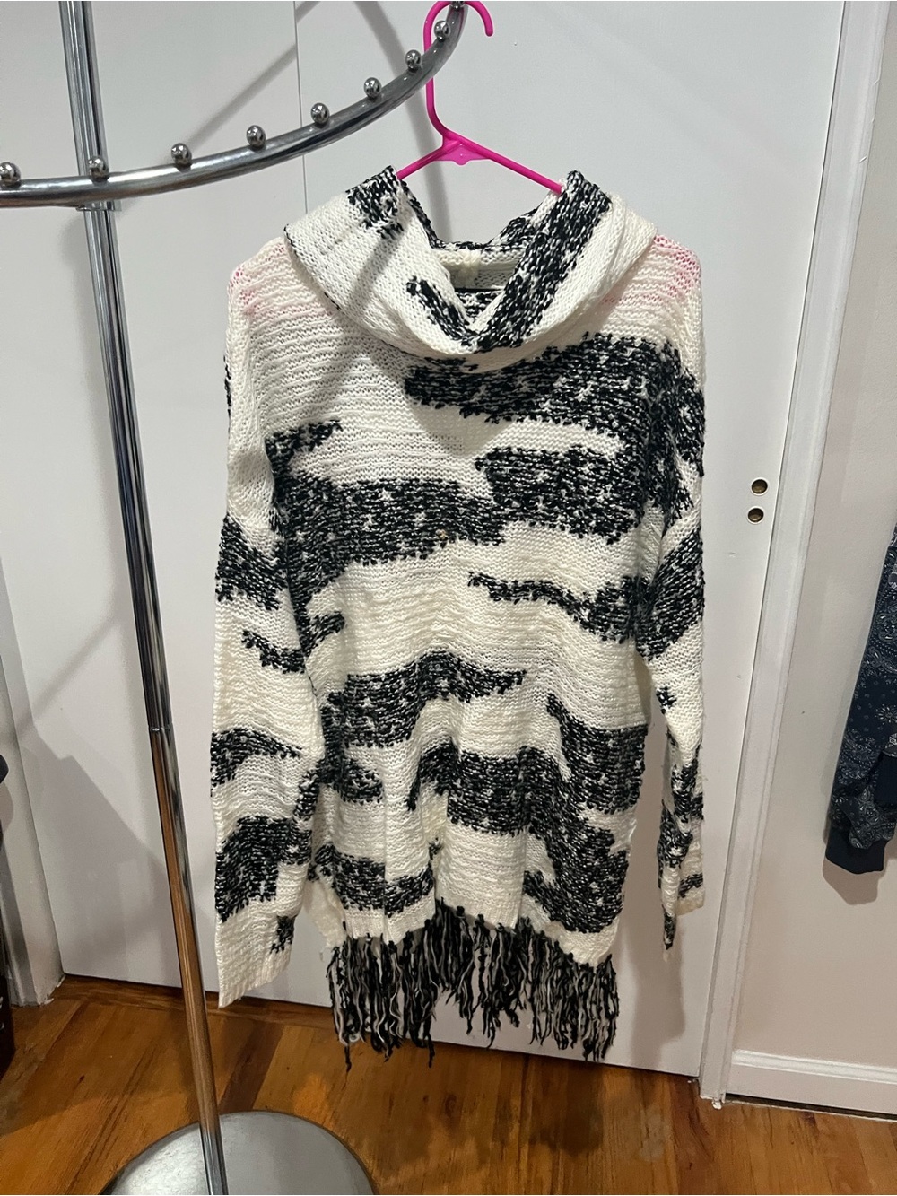 Romeo & Juliet Couture Black and White Cowl Neck Fringe Sweater